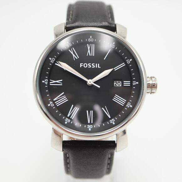 Fossil Rhett Mens Black Roman Date 42mm Watch BW1015 Black Leather w New Battery - Picture 5 of 13